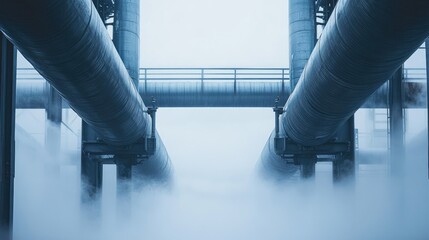 Poster - Rising through the fog, a symmetrical pair of pipes creates an arresting visual display where industrial design meets the soft steam, evoking a powerful industrial yet ethereal scene
