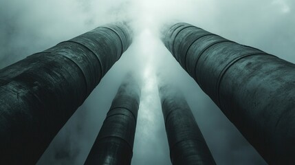 Poster - Rising through the fog, a symmetrical pair of pipes creates an arresting visual display where industrial design meets the soft steam, evoking a powerful industrial yet ethereal scene