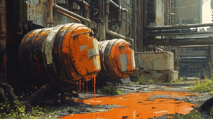 Poster - Rusted barrels leak bright orange liquid, adding a dynamic and messy industrial vibe to the scene, capturing the raw, unrefined nature of an urban environment.