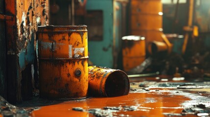 Poster - Rusted barrels leak bright orange liquid, adding a dynamic and messy industrial vibe to the scene, capturing the raw, unrefined nature of an urban environment.