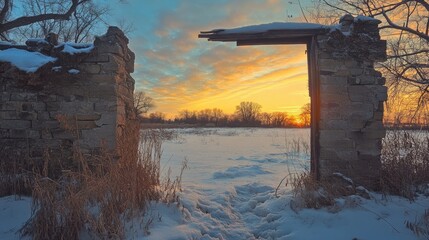 Poster - The broken remnants of a wall frame the beautiful colors of a winter sunrise, offering a hopeful contrast to the cold, peaceful landscape.