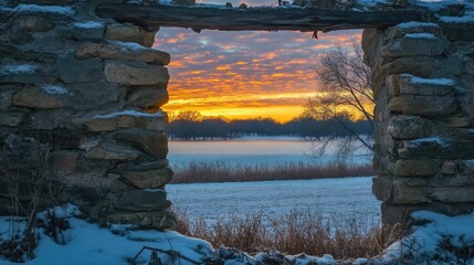 Poster - The broken remnants of a wall frame the beautiful colors of a winter sunrise, offering a hopeful contrast to the cold, peaceful landscape.