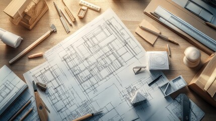 Poster - The creative process of an architect, with drafting tools, blueprints, and 3D models scattered across a desk, capturing the intricate planning behind architectural designs