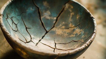 Poster - The cracked surface of a clay bowl reflects the delicate artistry and craftsmanship involved in pottery, set against a studio backdrop.