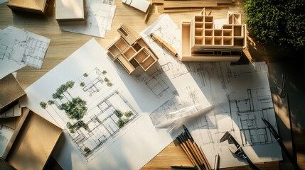 Poster - The creative process of an architect, with drafting tools, blueprints, and 3D models scattered across a desk, capturing the intricate planning behind architectural designs
