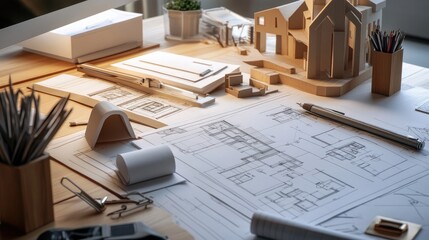 Poster - The creative process of an architect, with drafting tools, blueprints, and 3D models scattered across a desk, capturing the intricate planning behind architectural designs