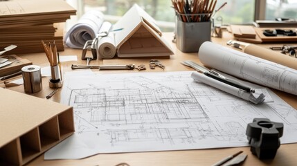 Poster - The creative process of an architect, with drafting tools, blueprints, and 3D models scattered across a desk, capturing the intricate planning behind architectural designs