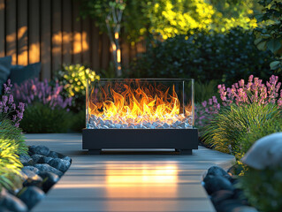 Poster - modern tabletop fireplace with vibrant flames, surrounded by lush greenery and flowers, creates cozy outdoor ambiance