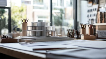 Poster - The design and creative process of an architect, with planning tools, architectural models, and sketches displayed on a workspace, highlighting the steps in bringing ideas to life