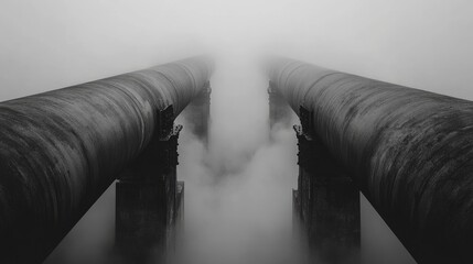 Poster - The misty fog swirls around a symmetrical pair of pipes, emphasizing the contrast between hard industrial structures and the ephemeral, otherworldly qualities of the environment