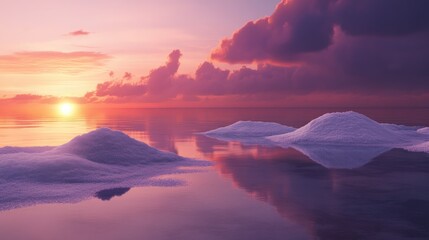 Aufkleber - The stunning hues of a sunset reflect on a wet surface, where white salt piles rest, creating a peaceful and visually striking natural scene.