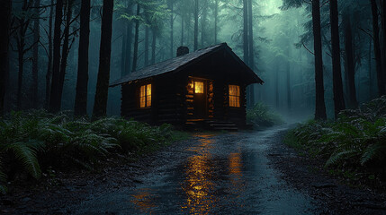 Poster - dark forest path leads to cozy cabin with glowing windows, surrounded by misty trees. serene atmosphere evokes sense of mystery and tranquility