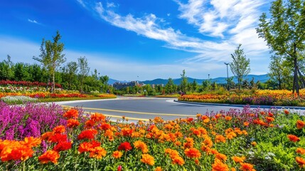 Poster - Vibrant flowers bloom around a roundabout with a clear blue sky in the background, adding life to the scenic landscape