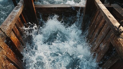 Poster - Water rushes forcefully through wooden channels, displaying the raw energy and dynamic movement of natural water elements in an action-packed, dramatic scene