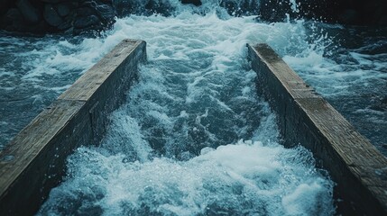Poster - Water rushes forcefully through wooden channels, displaying the raw energy and dynamic movement of natural water elements in an action-packed, dramatic scene