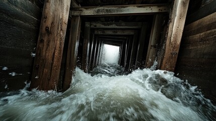 Poster - Water surges between wooden structure channels, highlighting the raw energy and dynamic movement of nature powerful forces, creating a striking visual of water in motion