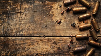 Poster - Weathered wood surface with rusty ammo scattered on it, evoking a nostalgic war relic scene, set in a vintage, grunge background to reflect the history of conflict