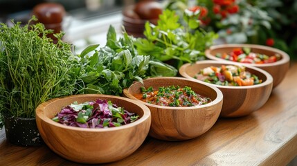 Poster - Wooden bowls filled with colorful sauces sit alongside fresh herbs, creating an enticing and beautifully presented culinary scene with a mix of flavors.