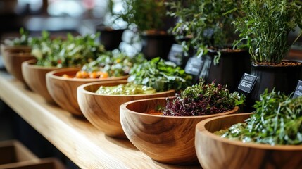 Poster - Wooden bowls filled with colorful sauces sit alongside fresh herbs, creating an enticing and beautifully presented culinary scene with a mix of flavors.