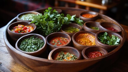 Poster - Wooden bowls filled with colorful sauces sit alongside fresh herbs, creating an enticing and beautifully presented culinary scene with a mix of flavors.