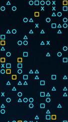 Poster - Blue and yellow glowing shapes matrix on a grid. Animated texture, vertical composition. Technology motion graphic.