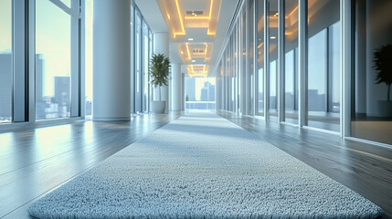 Poster - modern hallway with soft carpet, large windows, and city views creates serene atmosphere
