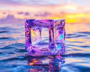 Wall Mural - hollow ice cube floating in ocean, reflects sunset colors in sea at dusk