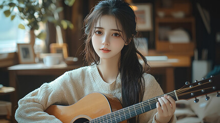 Poster - young woman playing acoustic guitar in cozy room, expressing joy and creativity