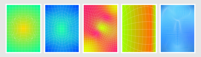 Fototapete - Y2k warped grid background set with vibrant gradient mesh patterns. Modern deformed linear network textures on bright neon color surfaces. Digital distortion aesthetic elements for futuristic design.