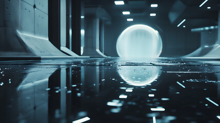 Poster - Glassy reflective surfaces in futuristic corridor modern architecture digital art immersive environment low angle view