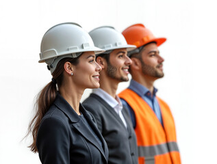 Poster - builder engineer and architect in helmets on white background . Generative AI