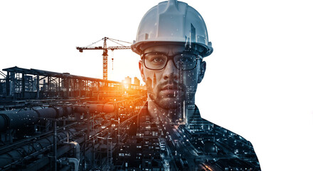 Poster - builder in hard hat merging with construction site double exposure art . Generative AI
