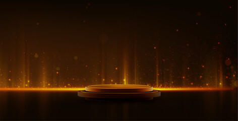 Poster - black luxury podium with glowing golden edge, floating particles and light beams on dark background.