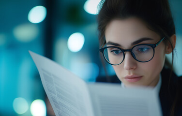 Poster - focused woman with glasses reads document in dimly lit office