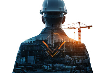 Poster - builder in hard hat merging with construction site double exposure art . Generative AI