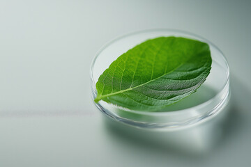 Poster - single green leaf in petri dish on smooth surface, showcasing its texture