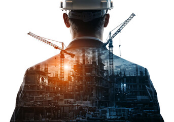 Poster - builder in hard hat merging with construction site double exposure art . Generative AI