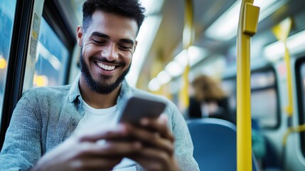 smiling man holding his phone while riding a bus or train, casually using an app to stay connected during his daily commute.