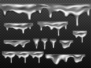 Poster - Liquid metal drips set isolated on transparent background. Vector realistic illustration of melting silver splash pattern, shiny chrome fluid with drops, mercury texture, grey slime border decoration