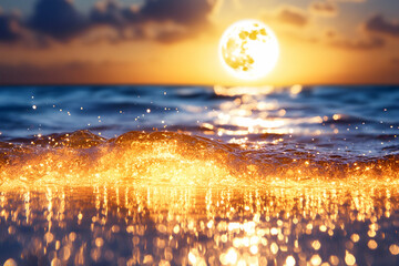 Wall Mural - waves breaking on beach, sunrise reflecting on ocean water, horizon in background