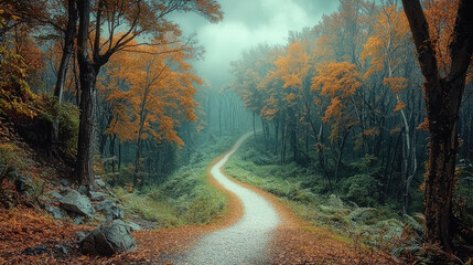 Poster - serene forest path surrounded by vibrant autumn foliage and mist