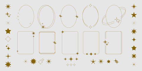 Fototapete - Y2k golden frames set isolated on background. Vector realistic illustration of abstract yellow borders decorated with stars sparkles, retro line art aesthetic, minimal techno banner design elements