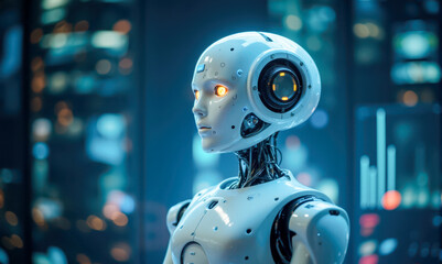 Poster - Futuristic humanoid robot with glowing eyes in high-tech environment, advanced artificial intelligence, cybernetic machine, futuristic innovation, AI assistant, modern android