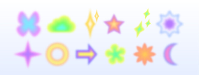 Poster - Colorful y2k shape collection with blurred neon aesthetic. Vibrant gradient symbols - stars and flowers, arrows and diamonds, crescents on light background. Dreamy fuzzy icons for nostalgic design.