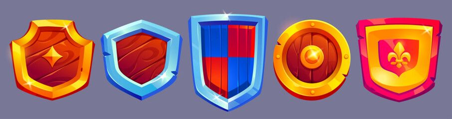 Poster - Medieval cartoon shield collection with vibrant designs - gold and metal frame emblems with royal symbols. Colorful defensive equipment set for fantasy game interface or knight tournament visuals.