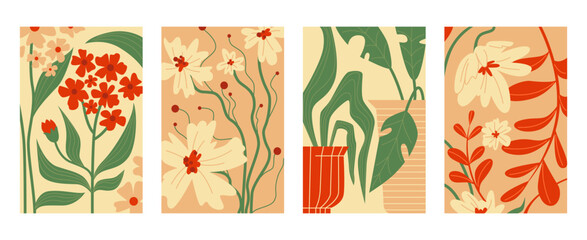 Poster - botanical minimalist banner collection with trendy doodle style - panels with red flowers, cream dai