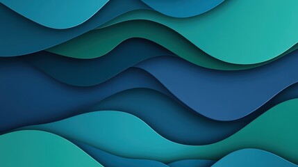 Poster - Layered blue and green paper cut waves forming dynamic, modern backdrop with dimensional depth and flowing visual movement