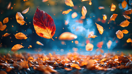 Poster - Colorful foliage in park with vibrant autumn leaves swirling in air, creating magical atmosphere