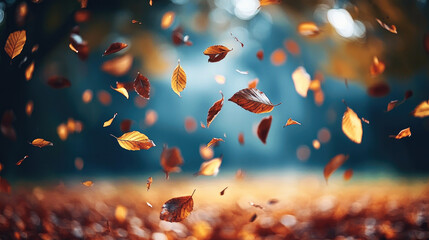 Poster - Falling leaves create vibrant autumn scene in serene park, showcasing colorful foliage