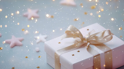 Poster - beautifully wrapped gift box with golden ribbon, surrounded by sparkling stars and festive decorations, evokes sense of joy and celebration